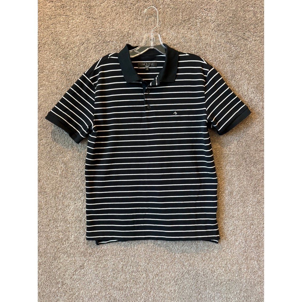 Rag & Bone Mens Striped Polo Shirt Black White Short Sleeve
