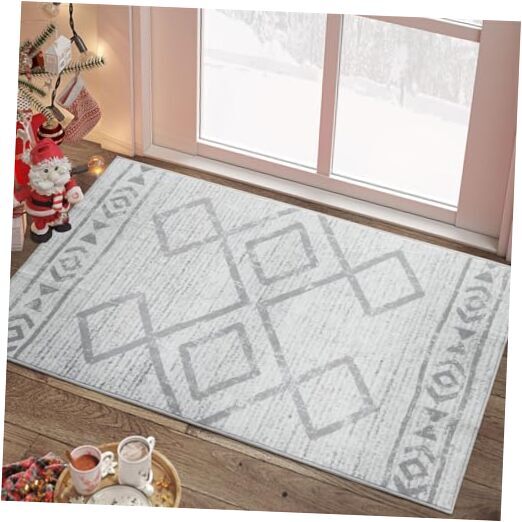 Area Rug 2x3 Entryway - Washable Rug Modern Rug Kitchen Faux 2'x3' Geo Grey