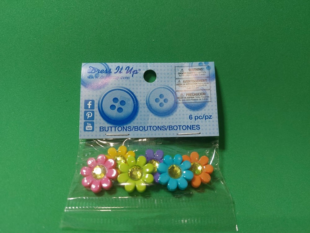 Dress It Up Craft Buttons Rhinestone Multicolored Daisy 6 pcs Brand New Sealed