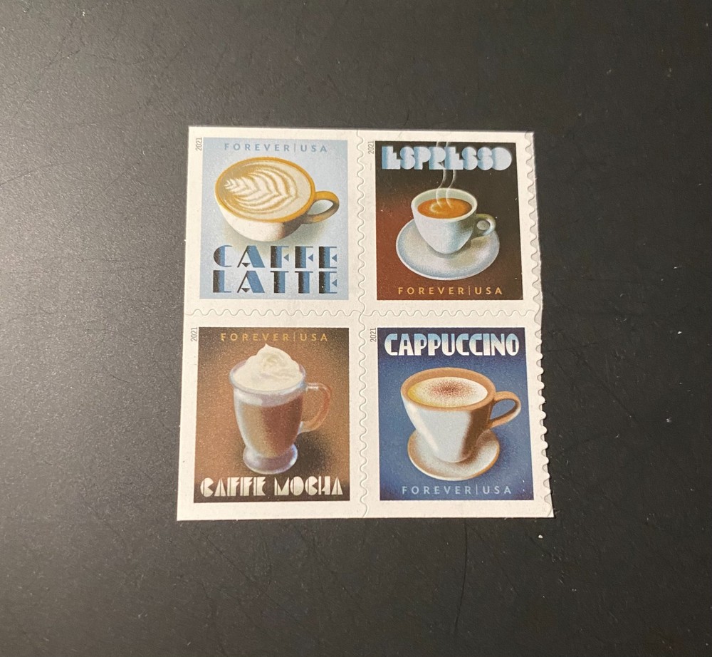 U.S. Scott #5569-72 Espresso Drinks 2021 55¢ S/A Forever Booklet Block of 4 MNH