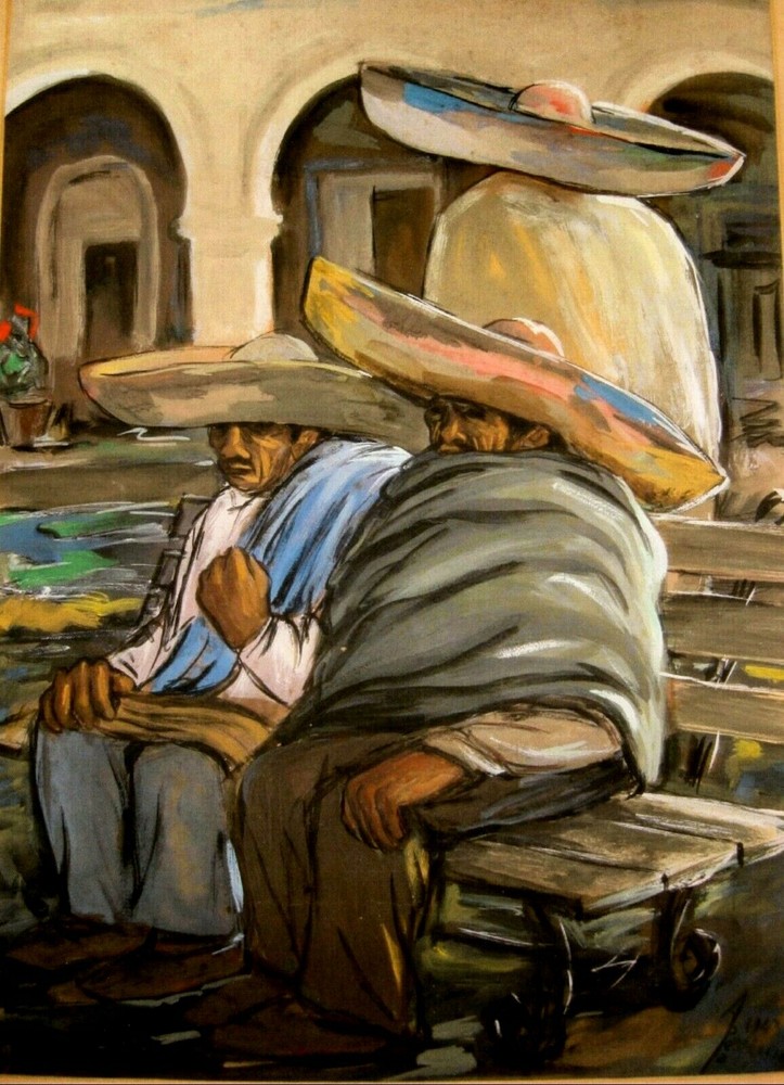 Eduardo Abela 1943 Cuban Latin American Art Gouache on Cardboard Mexicanos-image