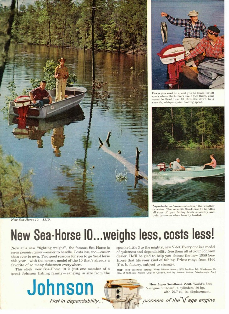 Johnson Sea Horse Outboard Motor ad 1958 Waukegan IL