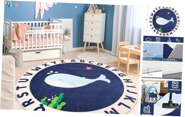 4ft ABC Alphabet Whale Non-Slip Round Playroom Rug for Kids