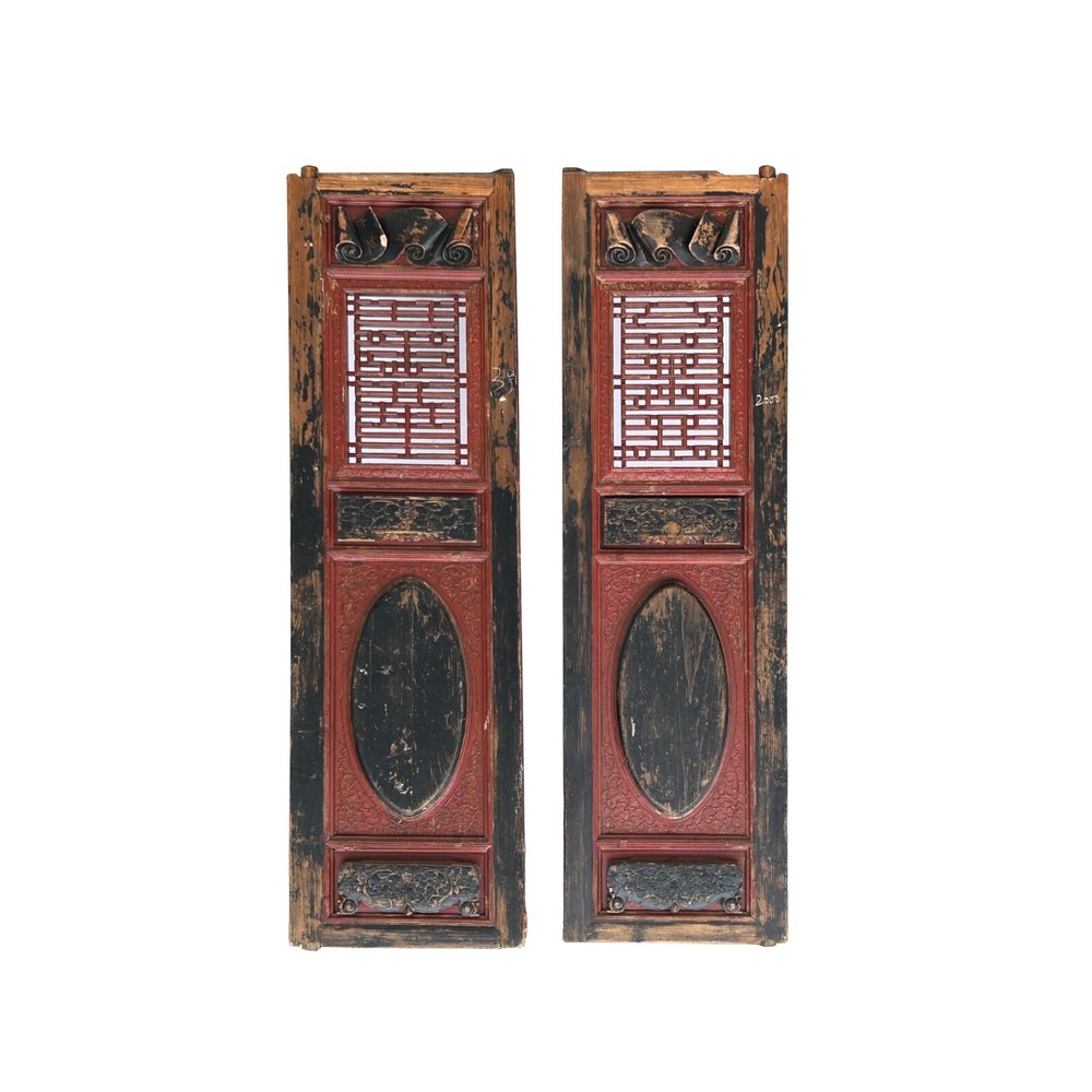 Pair Vintage Chinese Red Black Fujian Style Carving Wood Wall Door Panels ws3659
