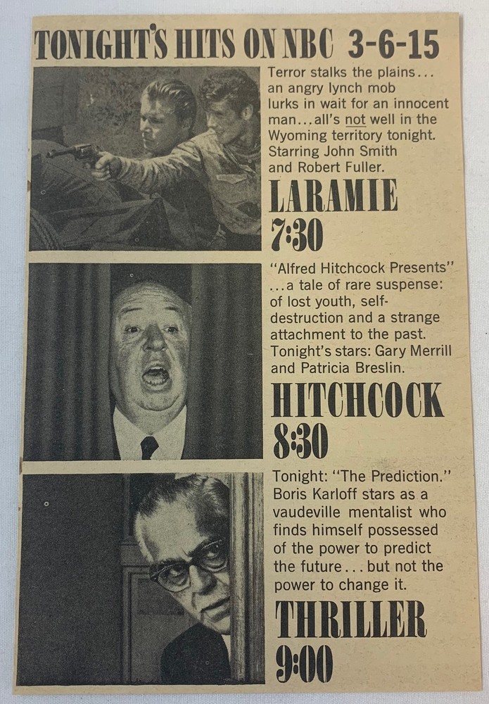 1960 NBC promo for Laramie Hitchcock Presents and Boris Karloff Thriller