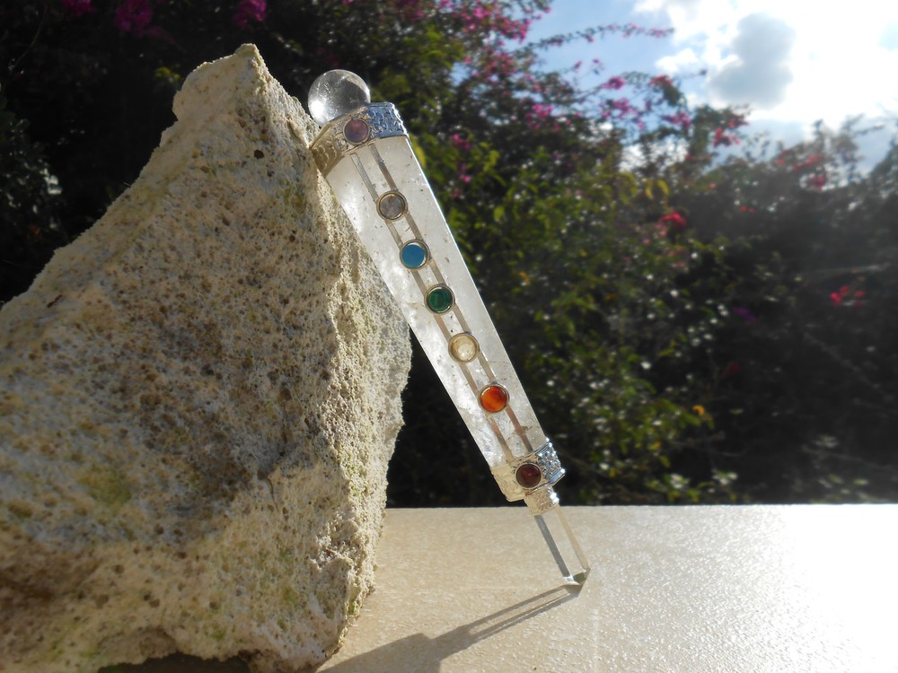 7 Chakra Faceted Quartz Healing Aura Wand with Crystal Ball and Point