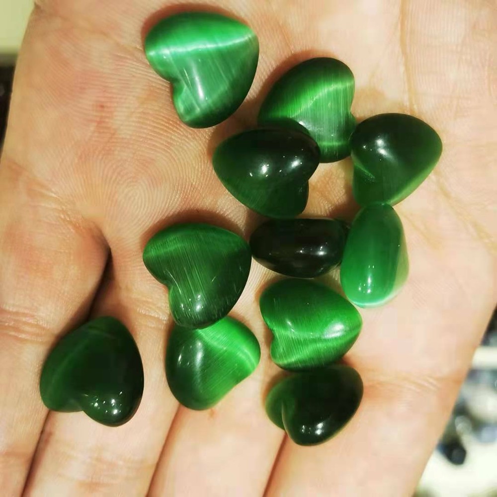 5pc green cat's eye heart pendant Quartz Crystal hand carved gem healing 15MM+