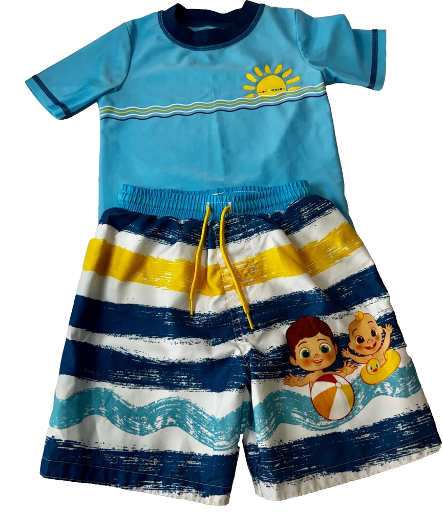 Cocomelon Swim Trunks and Shirt Boys 2T Blue Yellow White Colorful 2 Piece Set