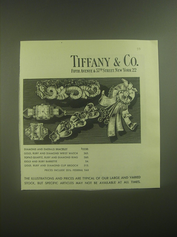 1945 Tiffany & Co. Jewelry Advertisement - Bracelet, Ring, Barrette and Brooch