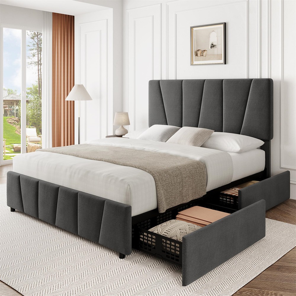 Full Size Bed Frame with 4 Storage Drawers and Headboard Upholstered Adjustable
