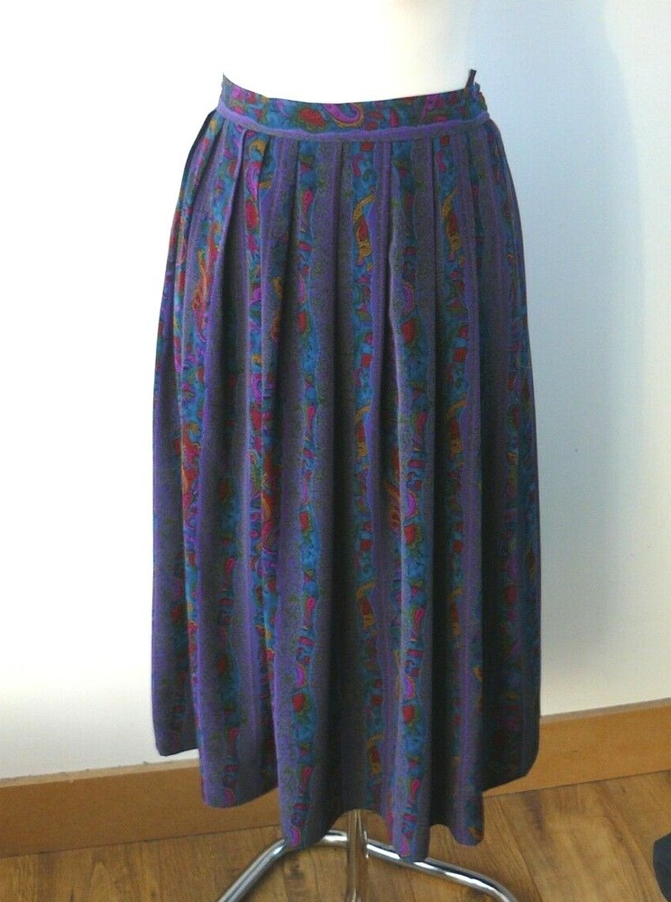 Vintage 80s Blue Purple Green Paisley Pleated Midi Skirt UK Size 12 Handmade