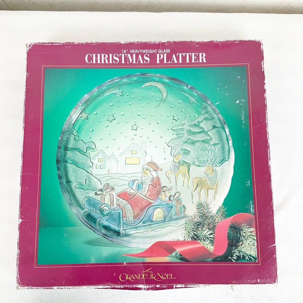 Vintage Grandeur Noel Painted Glass Santa Reindeer Round Christmas Platter 14”