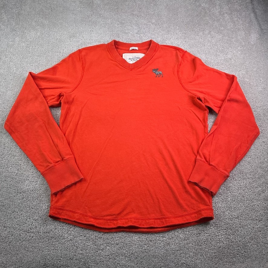 Abercrombie Fitch Shirt Mens 2XL XXL Orange Muscle V Neck Long Sleeve Moose Logo-image