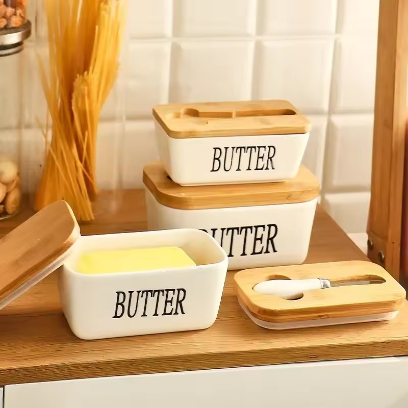 Ceramic Butter Dish with Lid and Built-in Knife for Cheese Storage