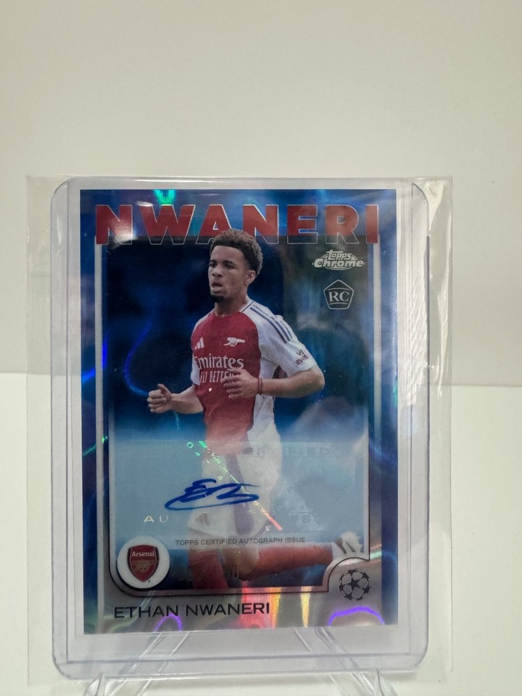 Ethan Nwaneri Topps 003/150 Arsenal Topps England Blue Rare Signed Card Auto