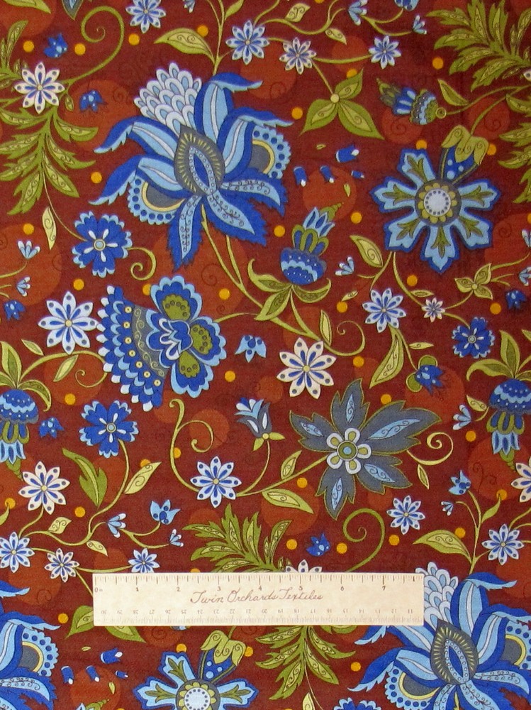 Abigail Floral Fabric - Brown Blue Green Flower Leaf QT Cotton YARD-image