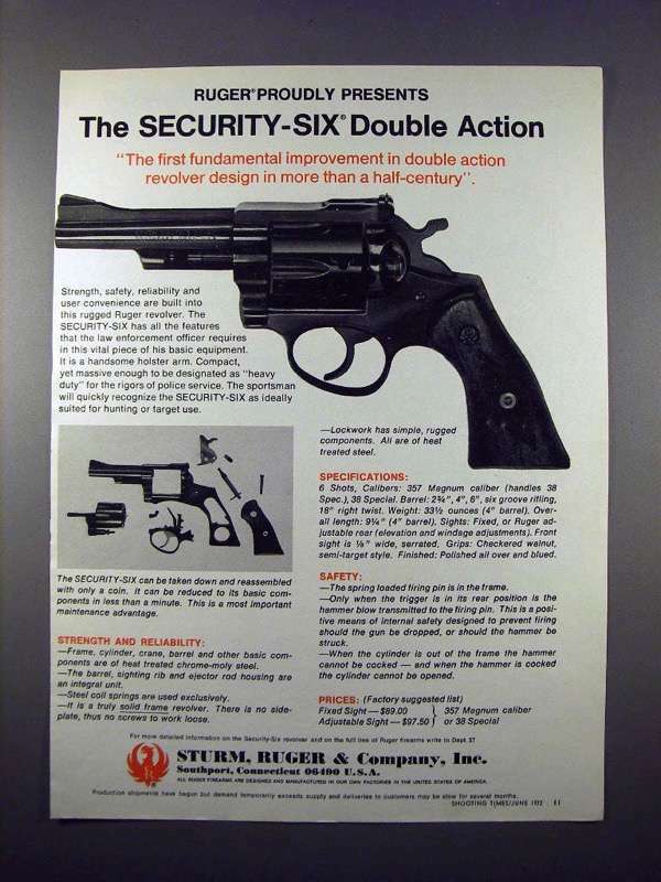 1972 Ruger Security Six Double Action Revolver Gun Ad