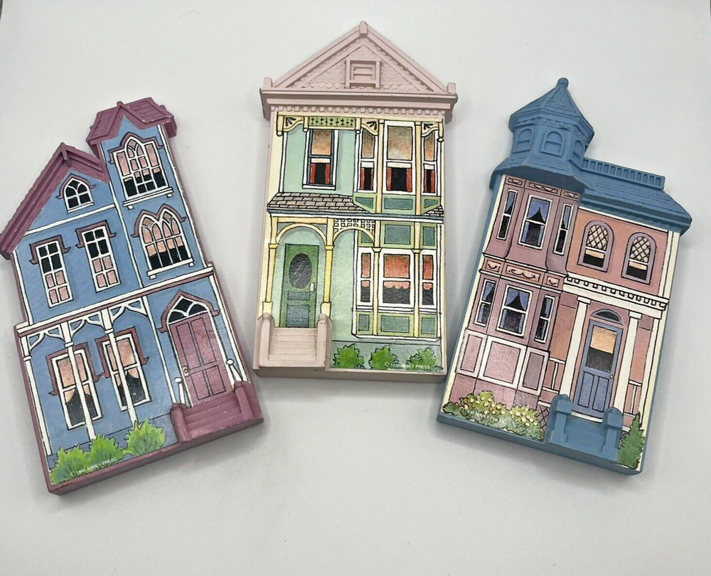 Set of 3 1990 Abbey Press Small Wooden Victorian Pink Lady House 3D Wall Decor-image