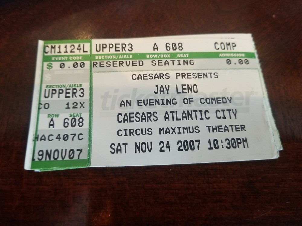 jay leno ticket stub atlantic city caesars comedy new jersey nj show 2007