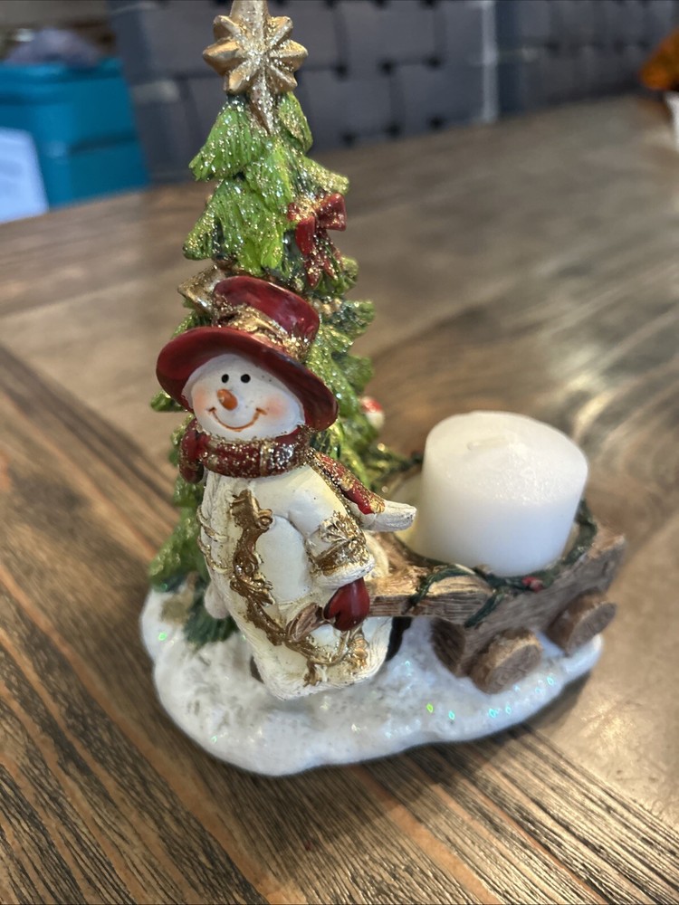Glittered Christmas Tree Snowman Cart Tea Light Holder.  Candle Included.