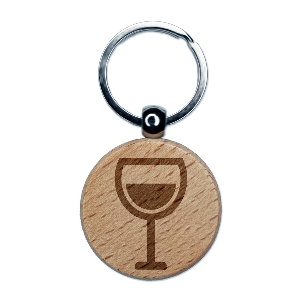 Wine Glass Half Full Engraved Wood Round Keychain Tag Charm