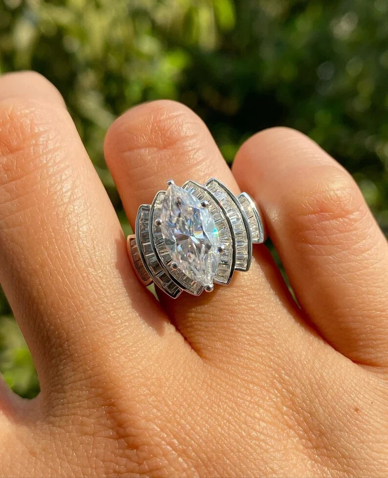 Silver Made 5ct Marquise Simulated Diamond Engagement Ring 14k White Gold Plated