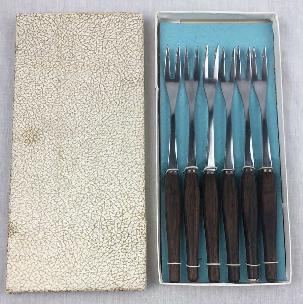 Vintage MCM Rostfrei Fondue Forks Skewers Teak Wood Handles Set of 6 Germany