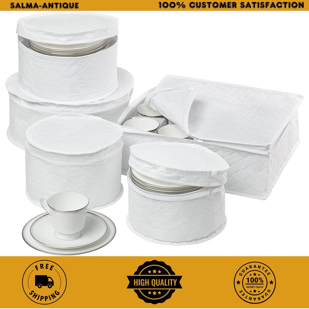 5-Piece Dinnerware Storage Set with Zipper Cushioned Quilted White NEW
