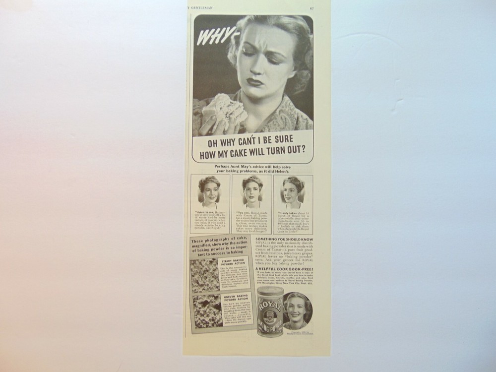 1939 ROYAL BAKING POWDER Woman Agonizes Over Her Cake vintage art print ad