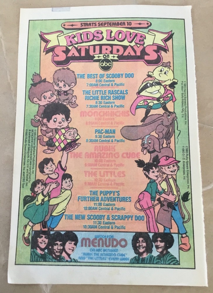 1983 ABC Saturday Morning Cartoons Retro Ad Featuring Menudo Pac-Man Monchichi  -image