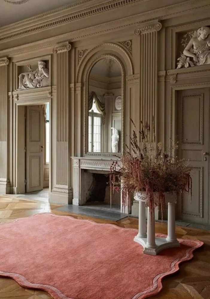 Hand Tufted Rug Scalloped Shape Handmade Pink Wool Area Rug For Living Room 9x12