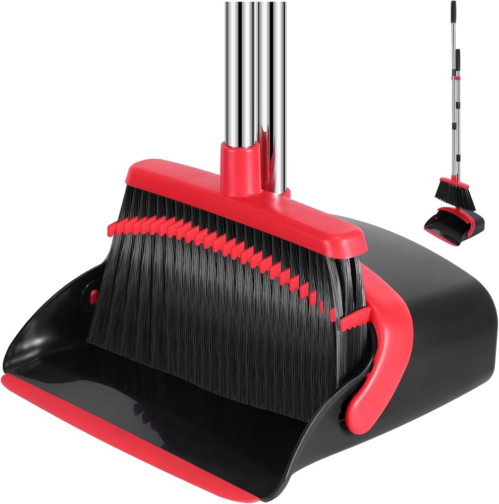 Broom and Dustpan Set, 52-in Long Adjustable Handle Black Red