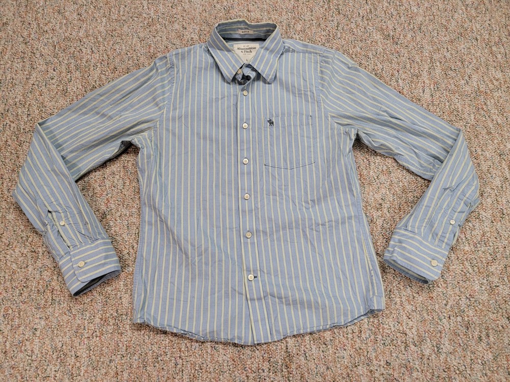 Abercrombie & Fitch Shirt Mens Large Blue Yellow Striped Button Up Muscle Moose-image