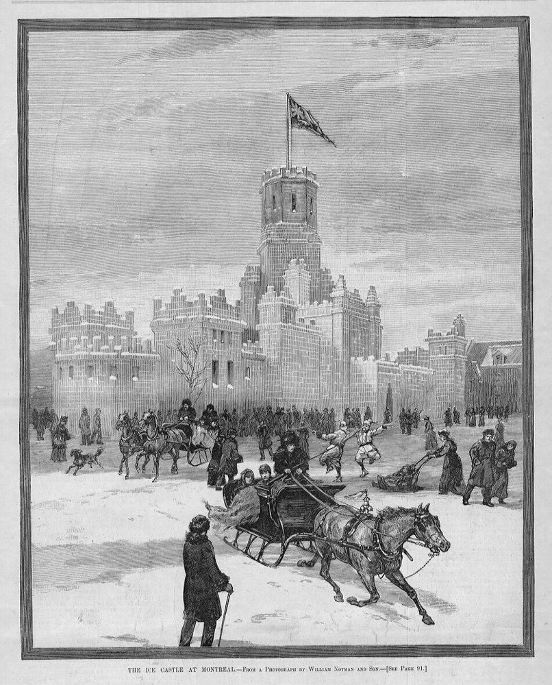 MONTREAL ICE CASTLE, ICE ARCHITECTURE, HORSES SLEIGH, CARNIVAL, ANTIQUE MONTREAL