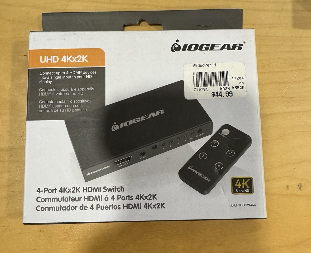 GHDSW4K4 Iogear 4K 4-Port HDMI Switch with Remote NEW - Sealed in Box