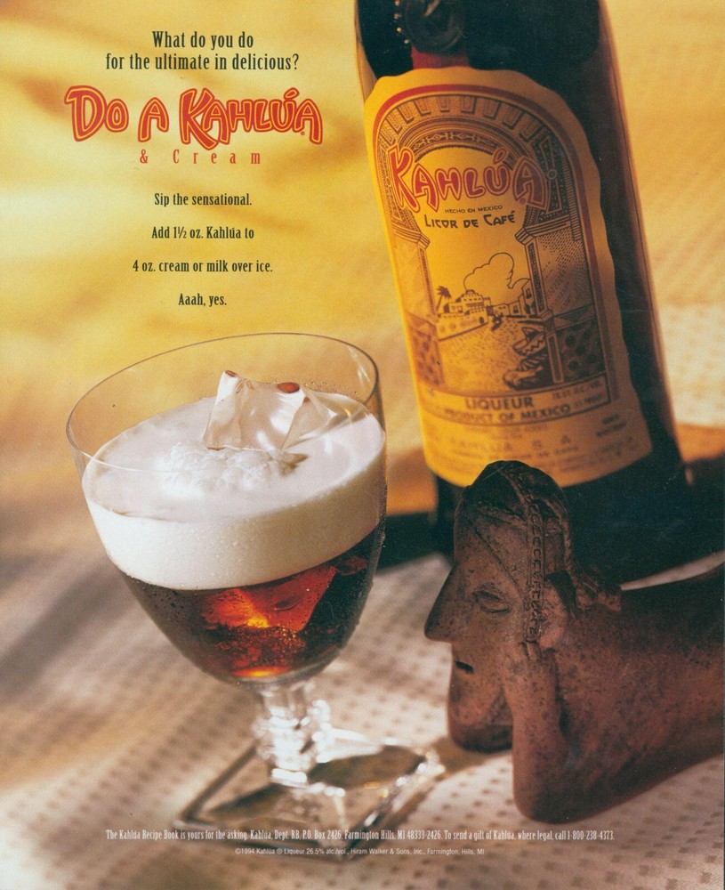 1994 Kahlua Cream Recipe Tiki Statue Staring At Glass Table Top Vtg Print Ad P1