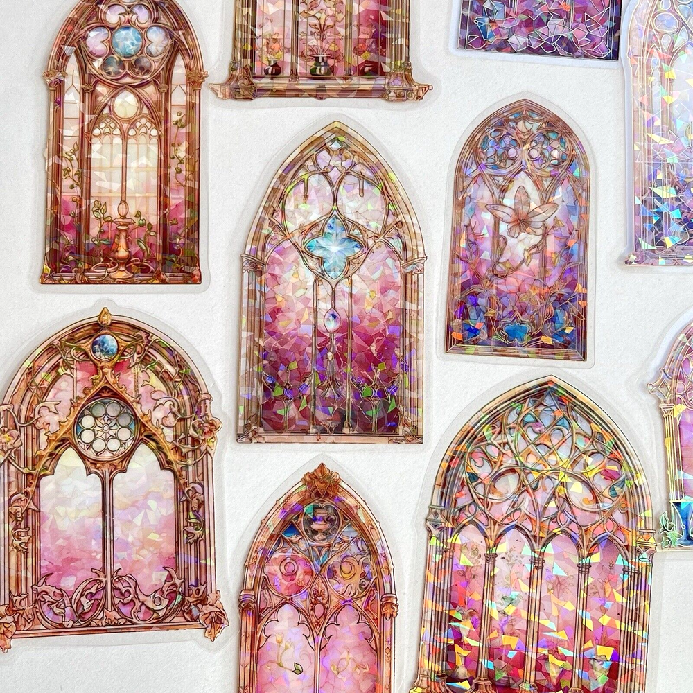 Holographic Stained Glass Gothic Window Stickers Pink Junk Journal Collage