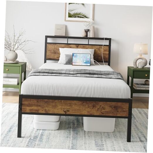 Twin Size Bed Frame, Storage Headboard with USB and TypeC Charging Station,