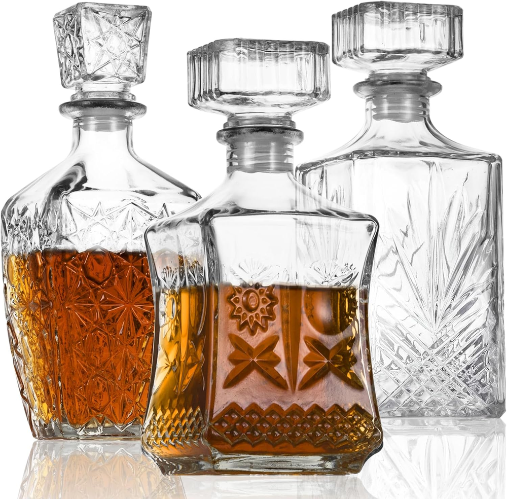 Liquor Decanters Whiskey Decanter Set of 3 Glass Beverage Bottles for Tequila, B