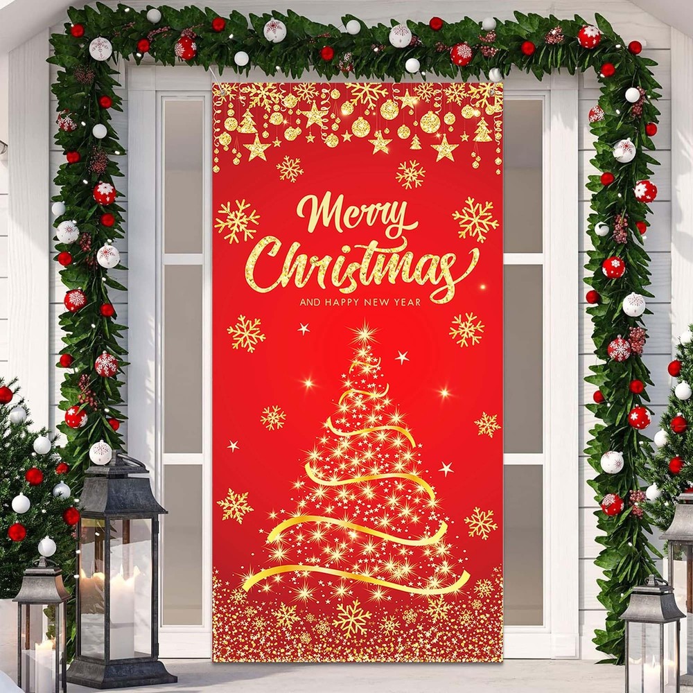 Christmas Door Cover Golden Christmas Tree Door Cover Banner Merry Christmas ...