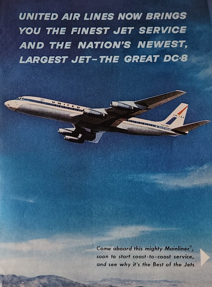 United Airlines 4pg Magazine Ad Flight Attendant Interior DC8 Jet Display Art
