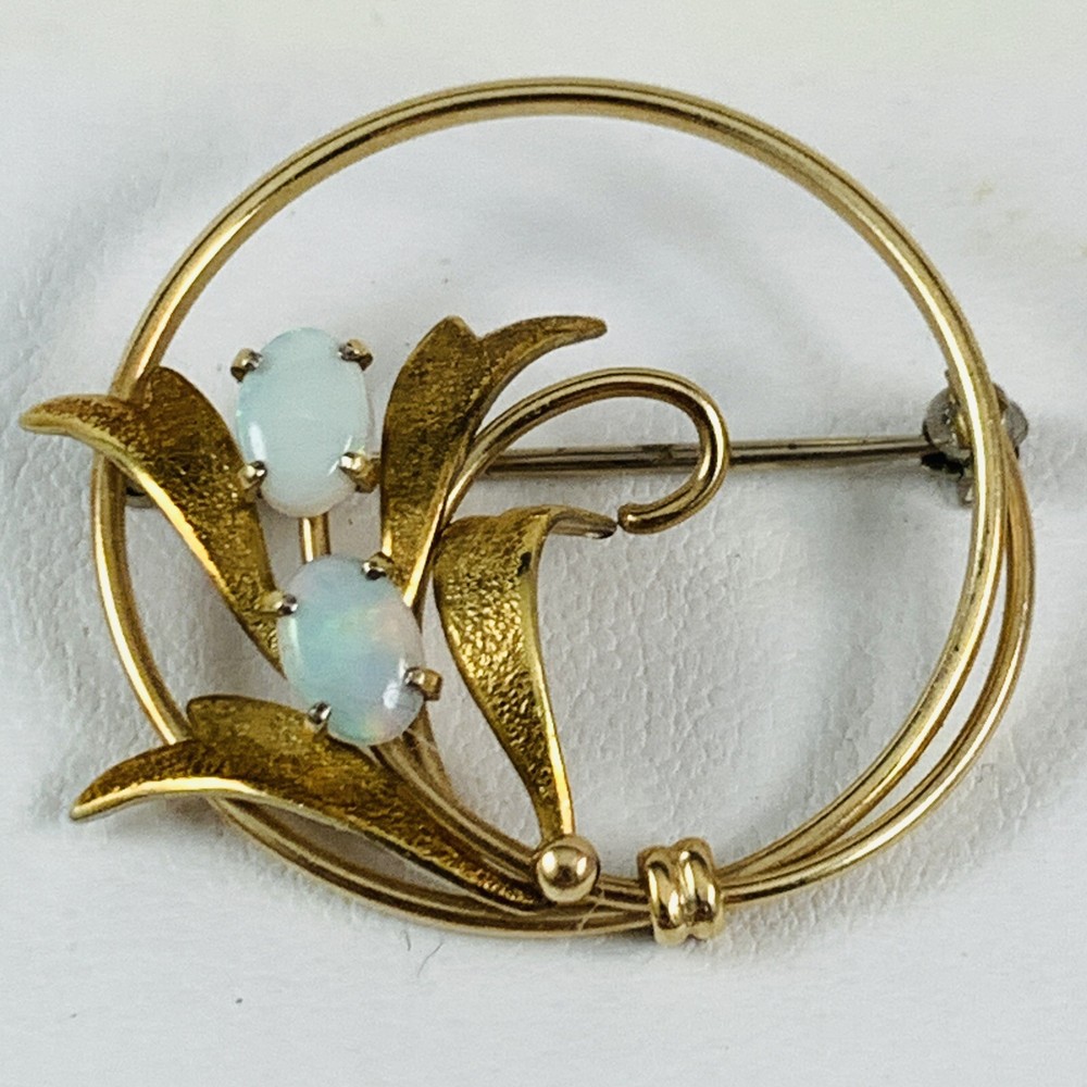 Vintage KREMENTZ Signed Opal Circle Leaf Flower Brooch 14K Gold Plated