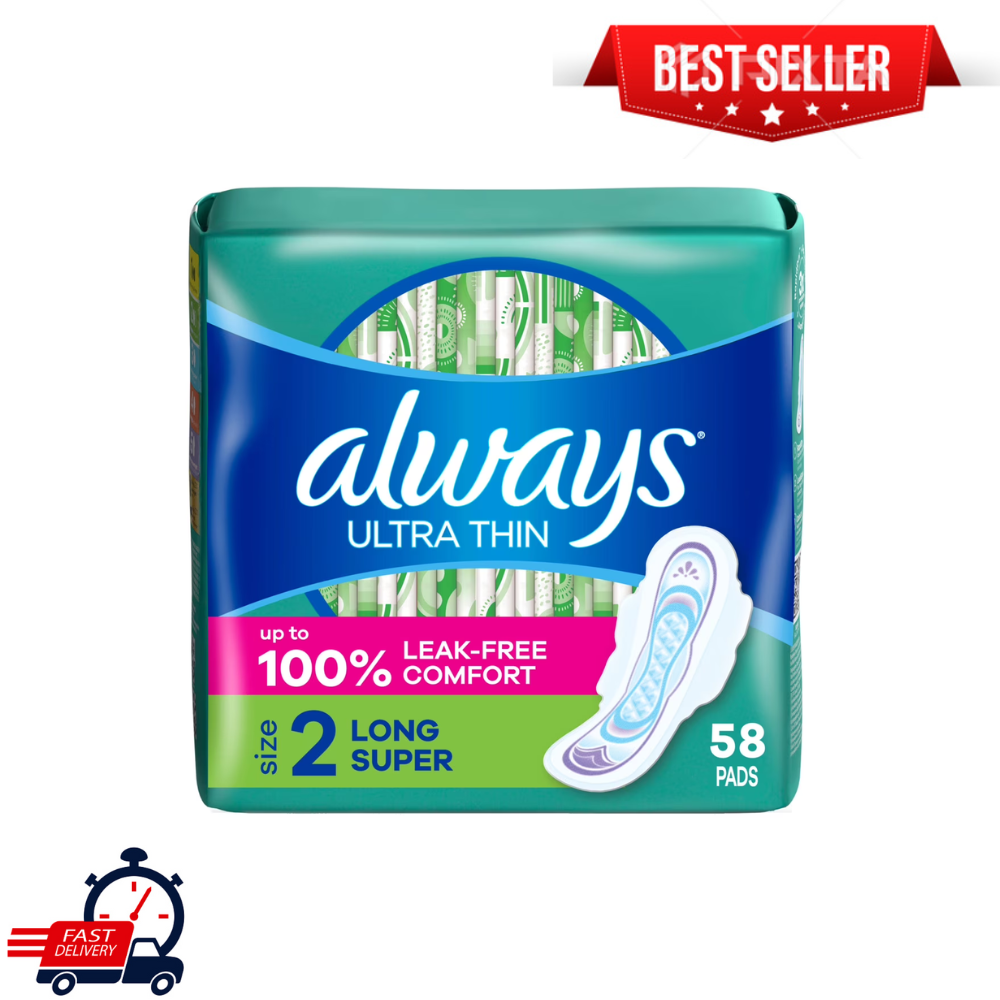 Always Ultra Thin Pads with Wings, Size 2, Long Super Absorbency, 58 Ct, White