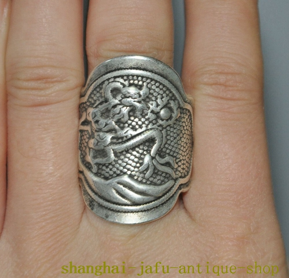 old China dynasty Tibetan silver Ancient dragon loong amulet Ring statue