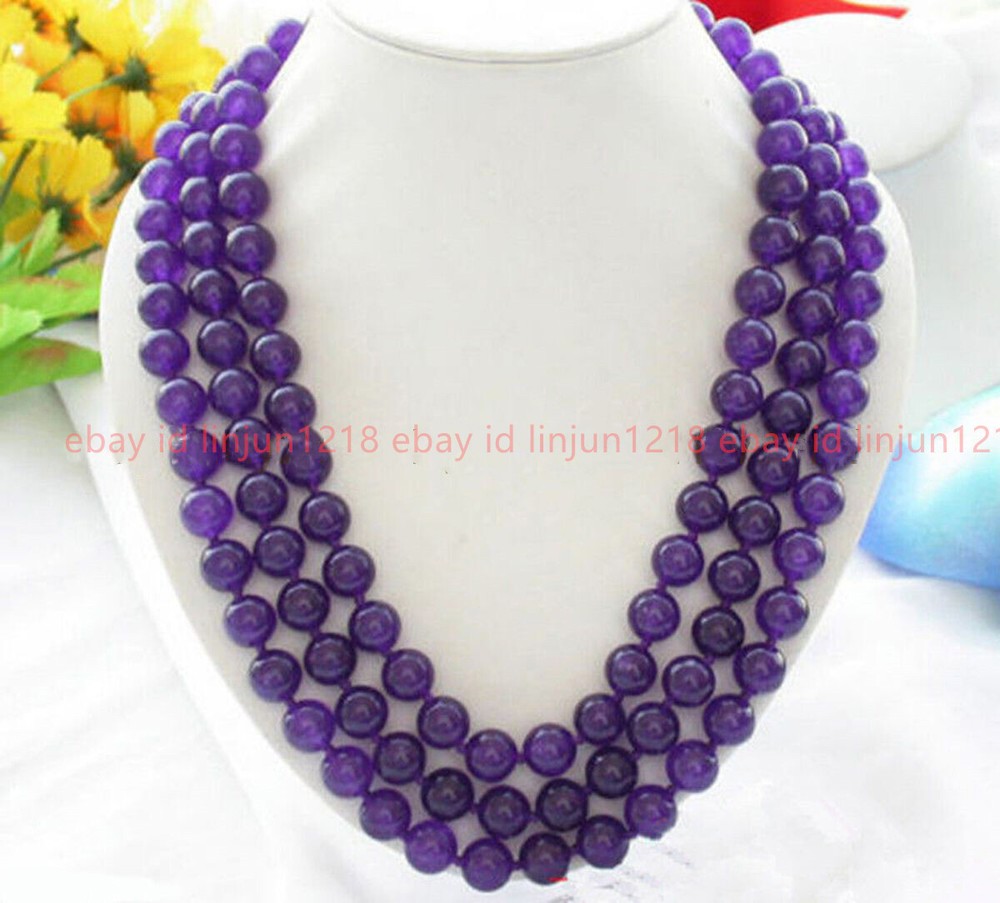 AA+ 8mm Natural Round Purple Jade Beaded Necklace 18-20 Inches 3 Rows-image