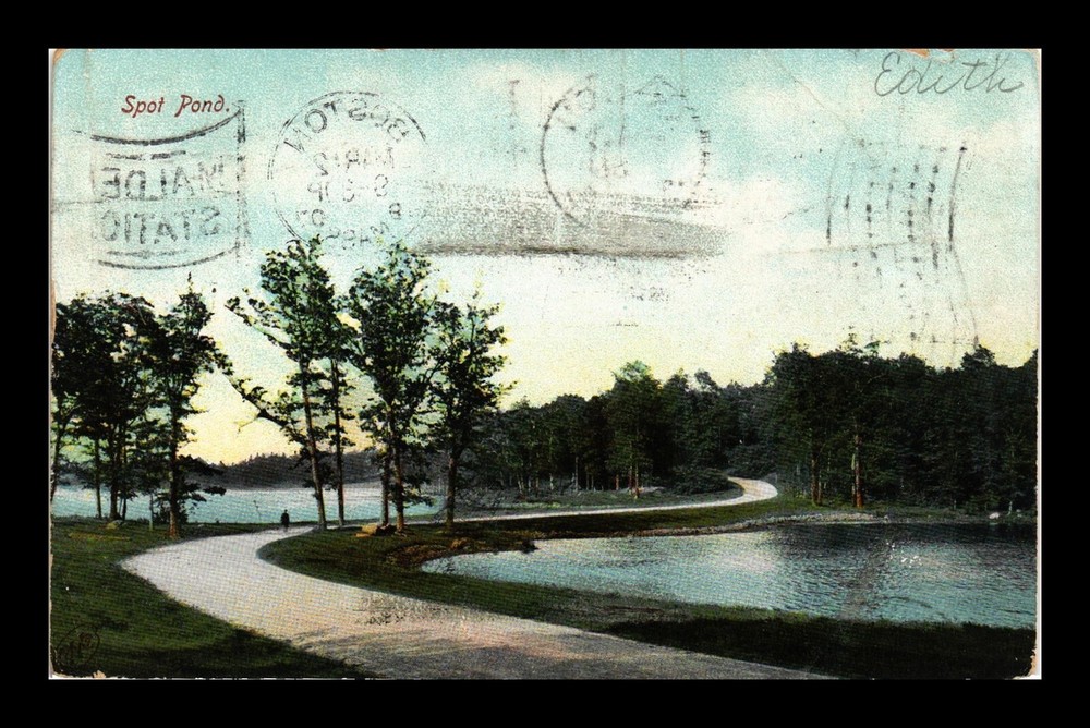 DR JIM STAMPS POSTCARD SPOT POND LAKE MASSACHUSETTS MALDEN STATION SLOGAN CANCEL