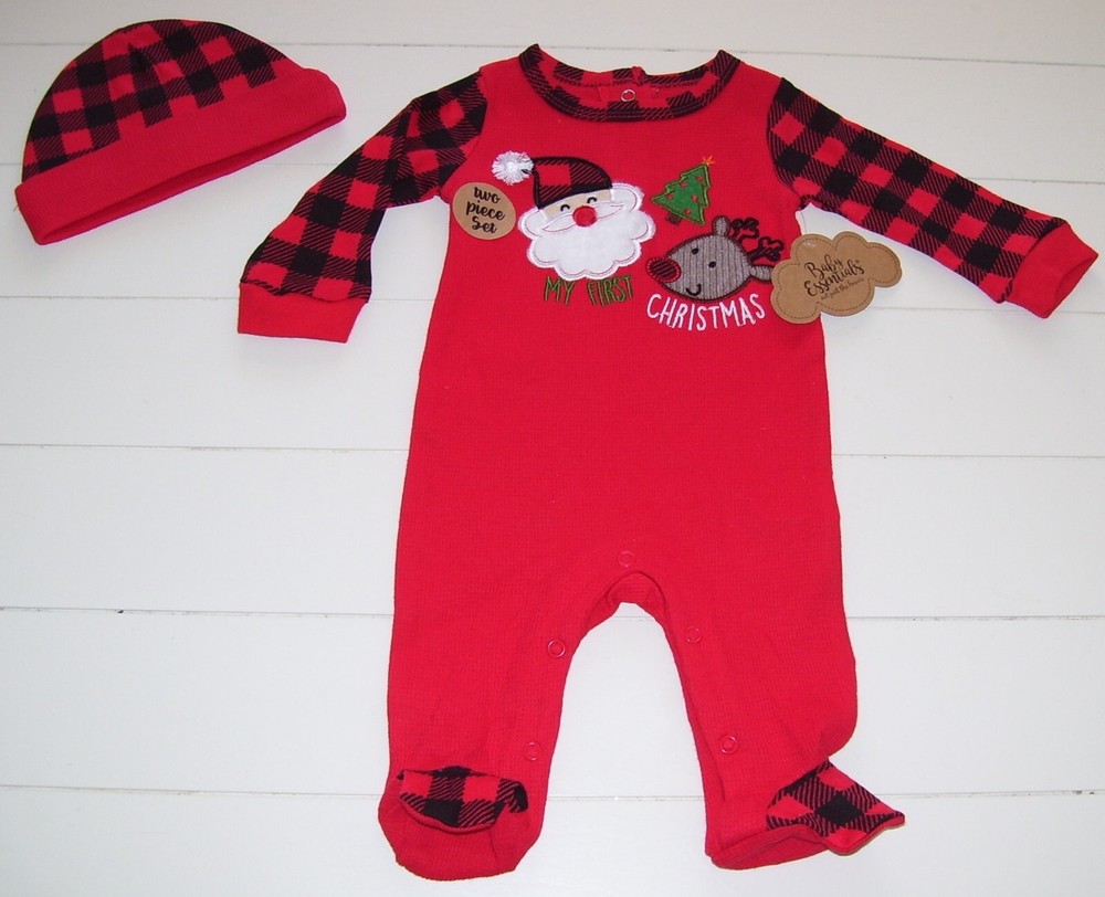 Baby Essentials Red 2 Pc My First Christmas LS Footed Thermal Outfit and Hat 3M