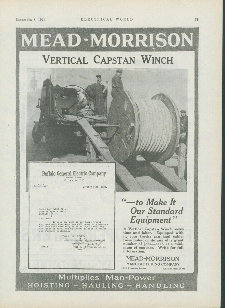 1923 Mead Morrison Vertical Capstan Winch Buffalo General Electric Use NY Ad EW1