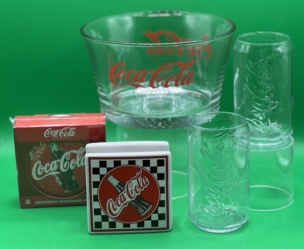 Vintage Coca Cola Snack Bundle with Popcorn Bowl 2 Glasses Coasters Napkins