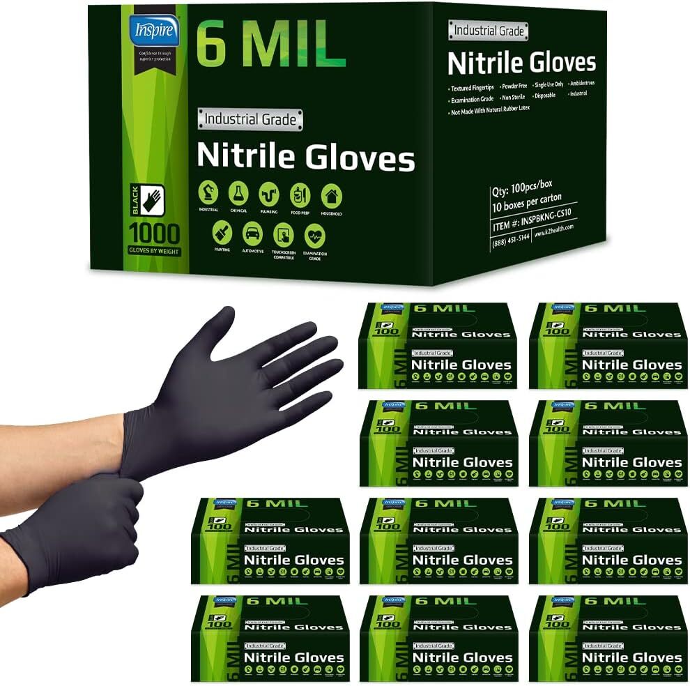 Inspire HEAVY DUTY 6Mil ORIGINAL Quality Stretch Nitrile Black Gloves Large